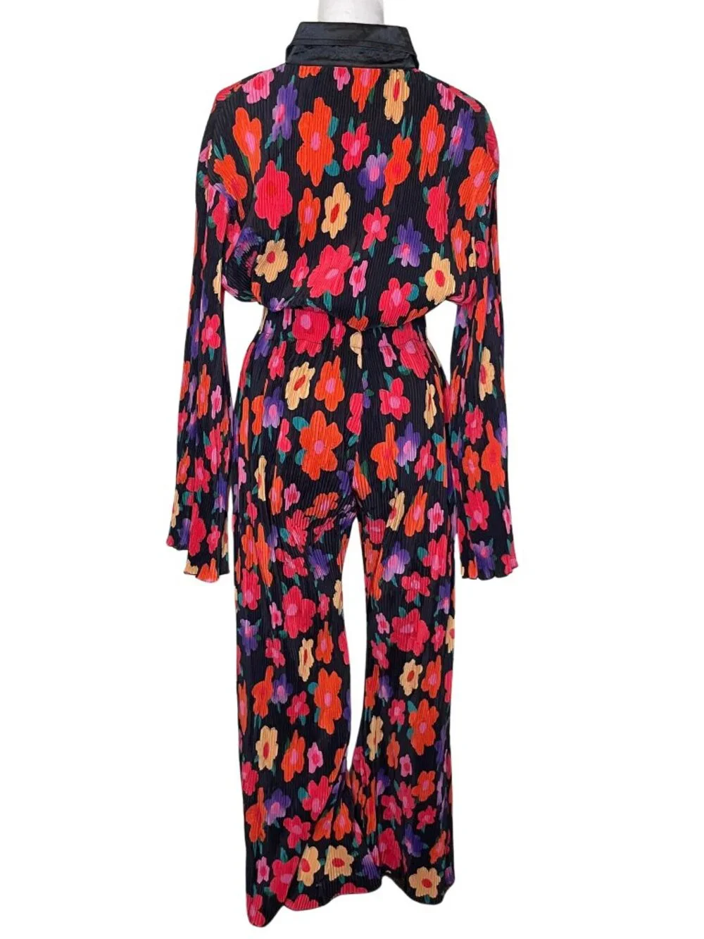 70s Retro Psych Floral Plisse Pleated 2 Piece Matching Pants Set M